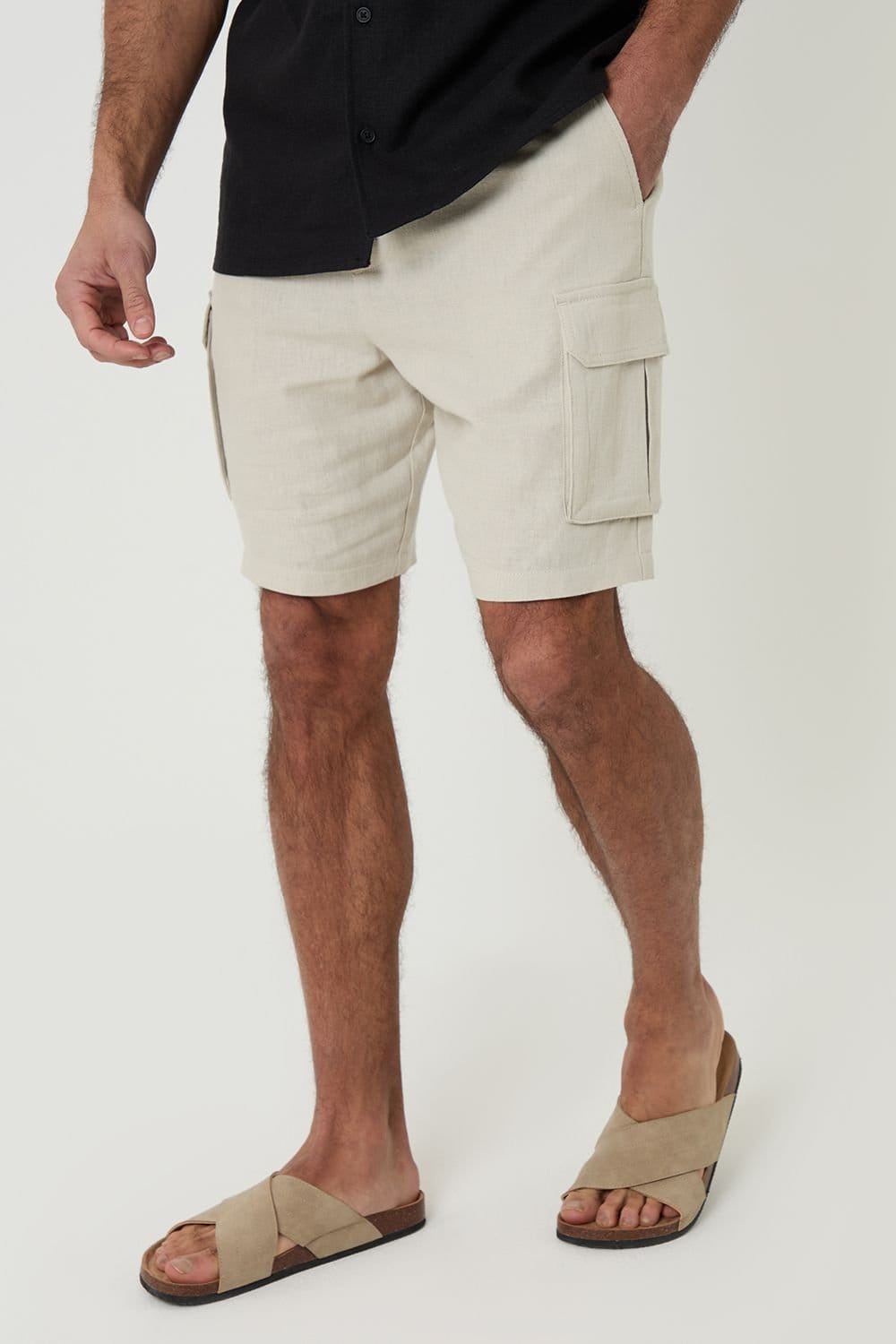 Threadbare threadbare Men's Linen Blend Cargo Shorts in Light Stone - 1