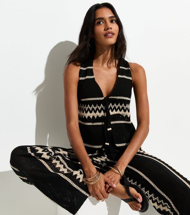 New Look Women's Black With Cotton Crochet Knit Zig Zag Stripe Beach Waistcoat New Look - 2