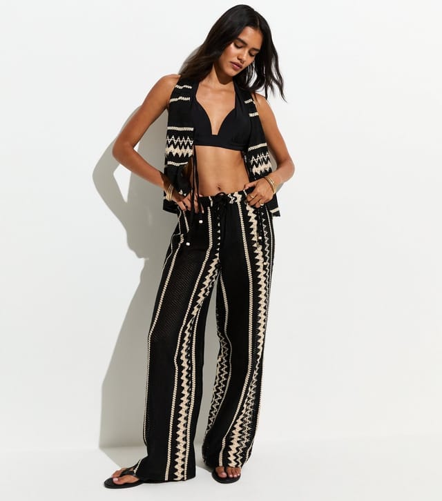 New Look Women's Black With Cotton Crochet Knit Zig Zag Stripe Beach Waistcoat New Look - 3