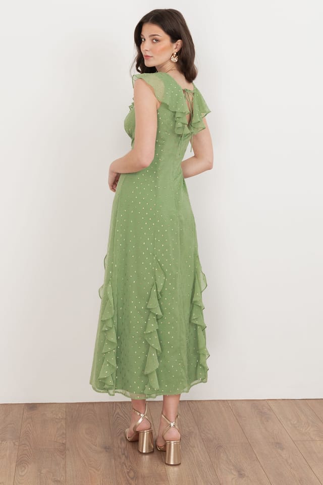 Anaya with Love Anaya with Love Women's V Neck Ruffle Midaxi Dress in Green - 2
