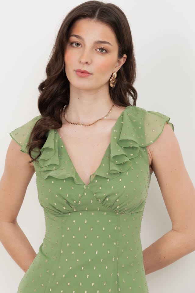Anaya with Love Anaya with Love Women's V Neck Ruffle Midaxi Dress in Green - 3