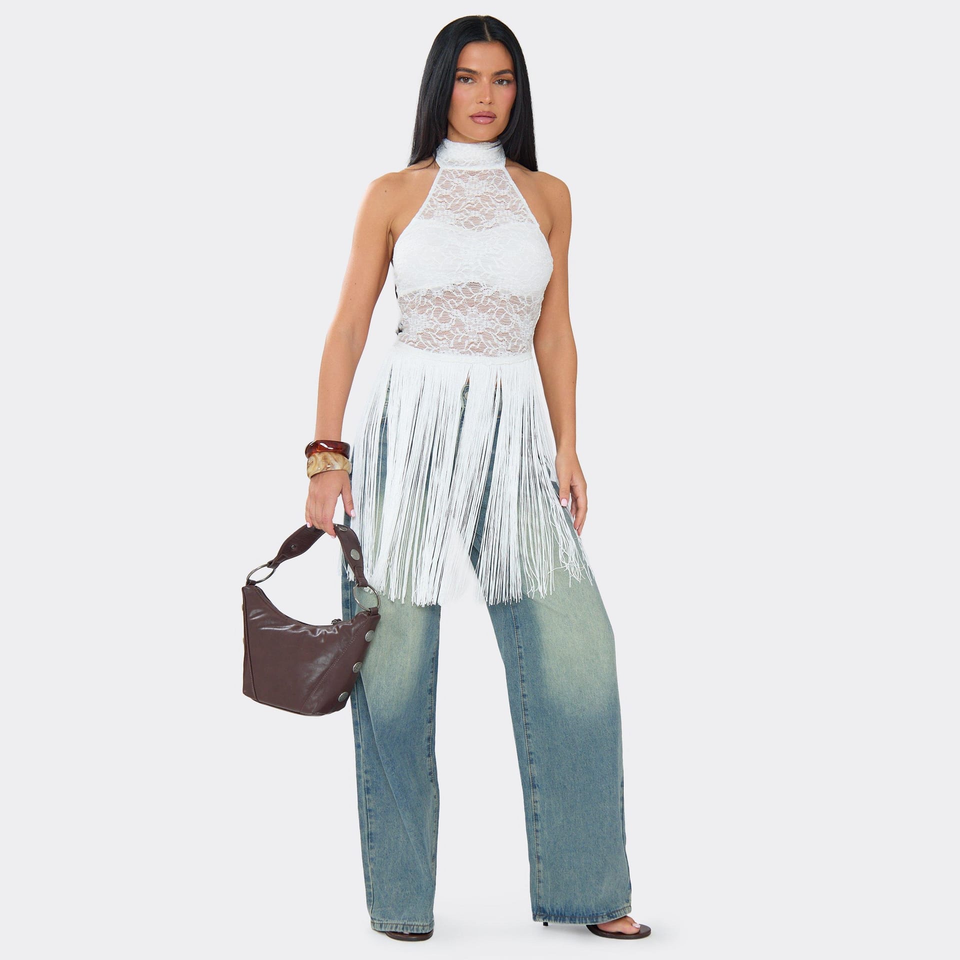 EGO White Lace High Neck Fringe Hem Top