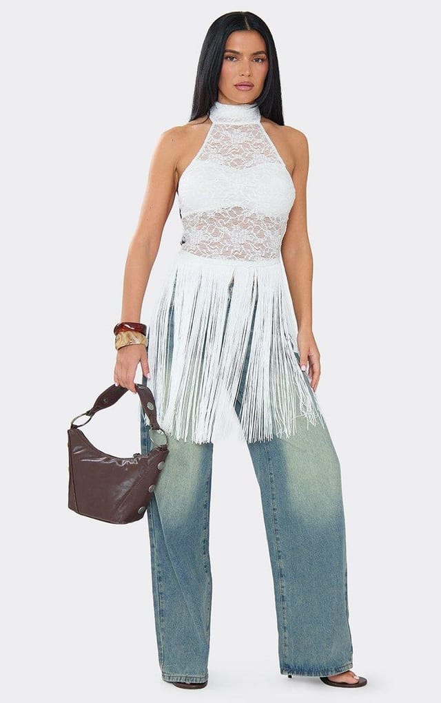 EGO High Neck Fringe Hem Top In White Lace, Women's Size UK 6 - 2