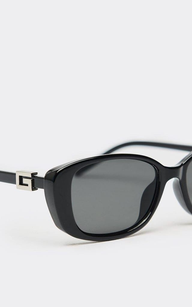 EGO Side Silver Logo Detail Thin Framed Cateye Shaped Tinted Lense Sunglasses In Black, Women's Size UK 0 - 2