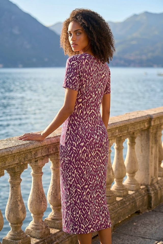 Dusk Dusk Women's Abstract Print Stretch Midi Dress in Wine - 2