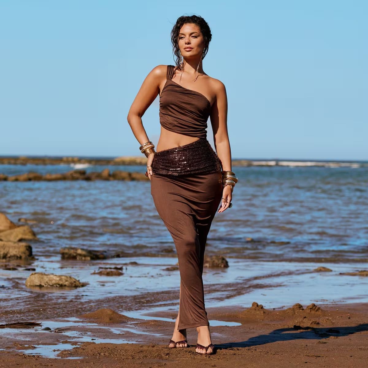 EGO One Shoulder Sequin Panel Cut Out Maxi Dress In Chocolate Brown, Women's Size UK 6