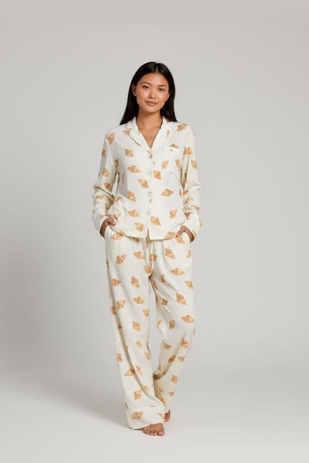 The Night Store The Night Store Women's Croissant Pointelle Pyjama Trouser Set in Off-White