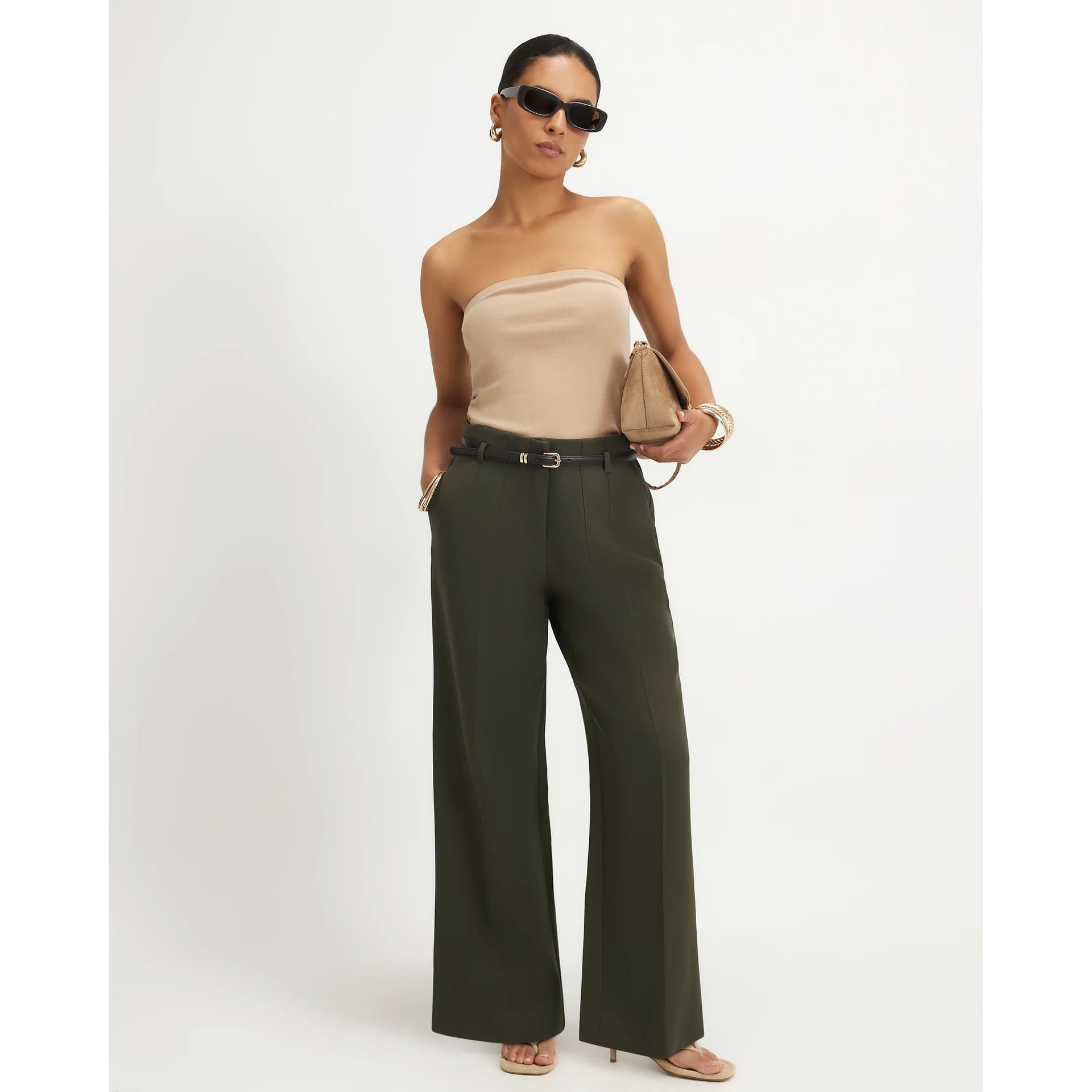 River Island River Island Womens Petite Green Belted Slim Leg Trousers