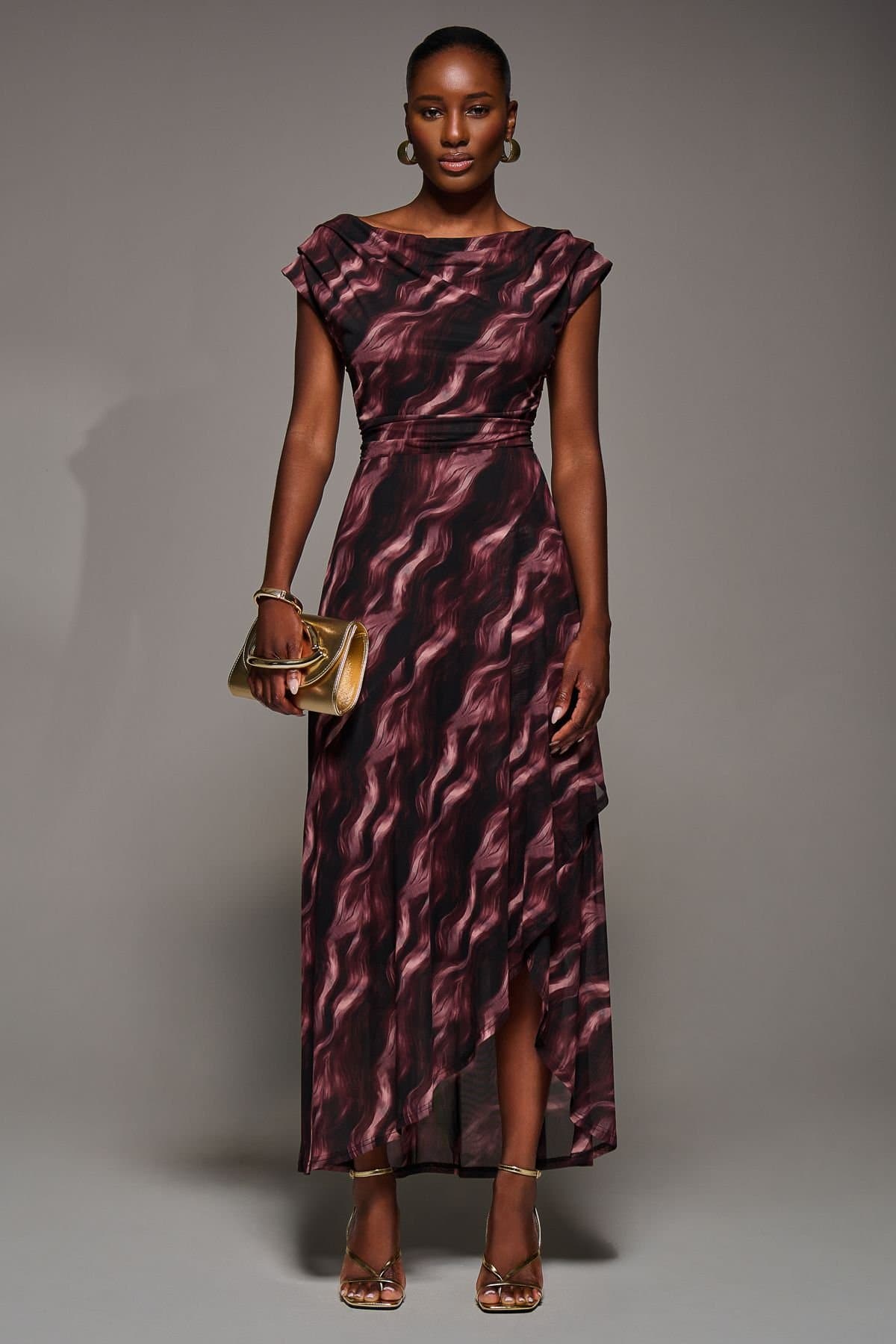 Jolie Moi Jolie Moi Women's Asymmetric Draped Mesh Maxi Dress in Burgundy