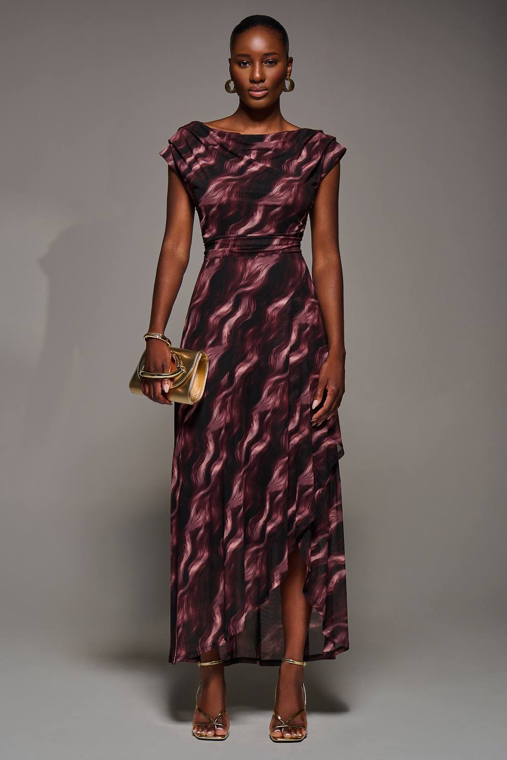 Jolie Moi Jolie Moi Women's Asymmetric Draped Mesh Maxi Dress in Burgundy - 2