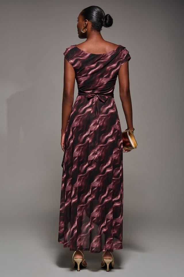 Jolie Moi Jolie Moi Women's Asymmetric Draped Mesh Maxi Dress in Burgundy - 2
