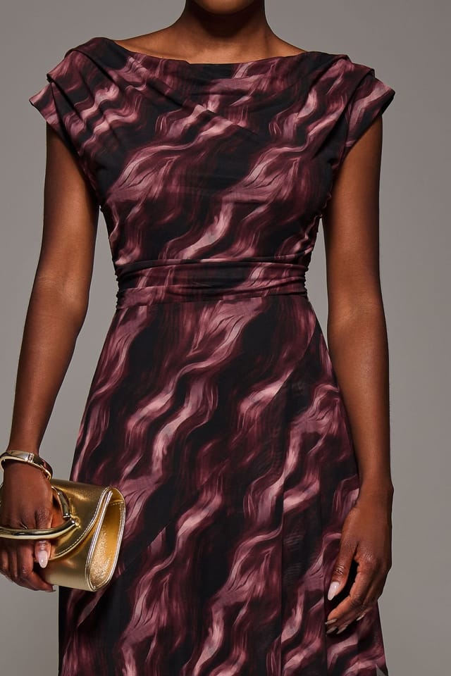 Jolie Moi Jolie Moi Women's Asymmetric Draped Mesh Maxi Dress in Burgundy - 3