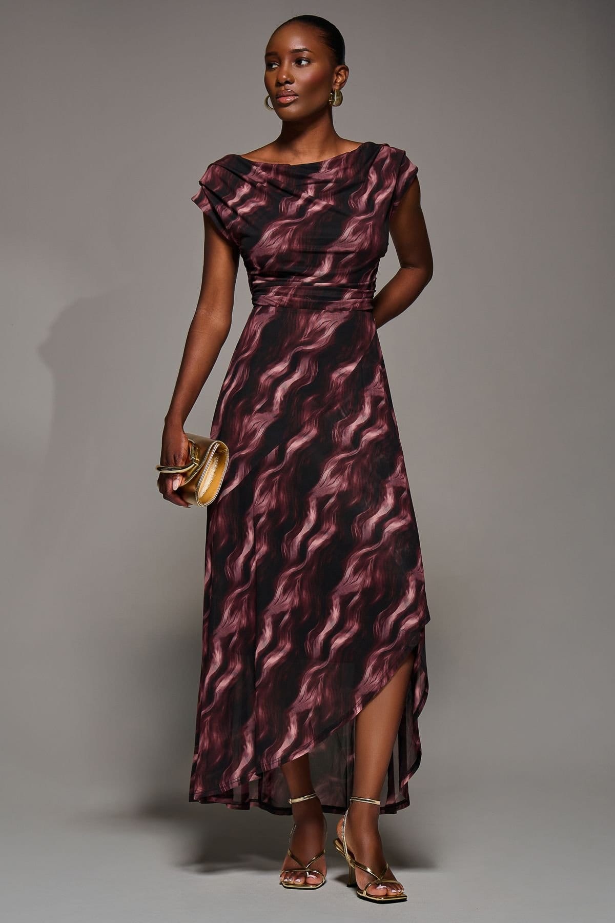 Jolie Moi Jolie Moi Women's Asymmetric Draped Mesh Maxi Dress in Burgundy - 4