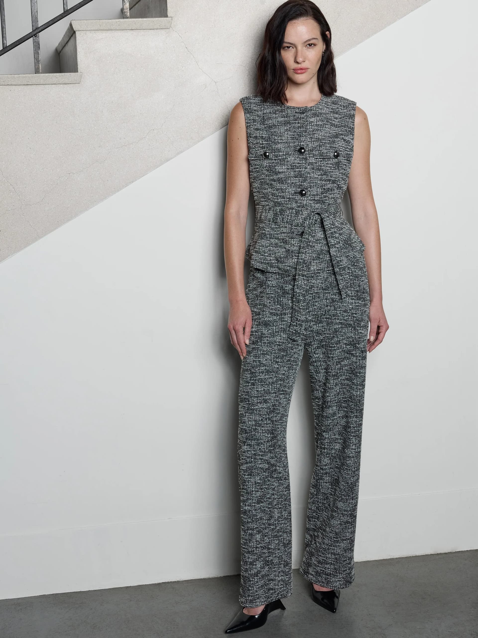 French Connection Jace Black and White Belted Tweed Waistcoat Black Boucle