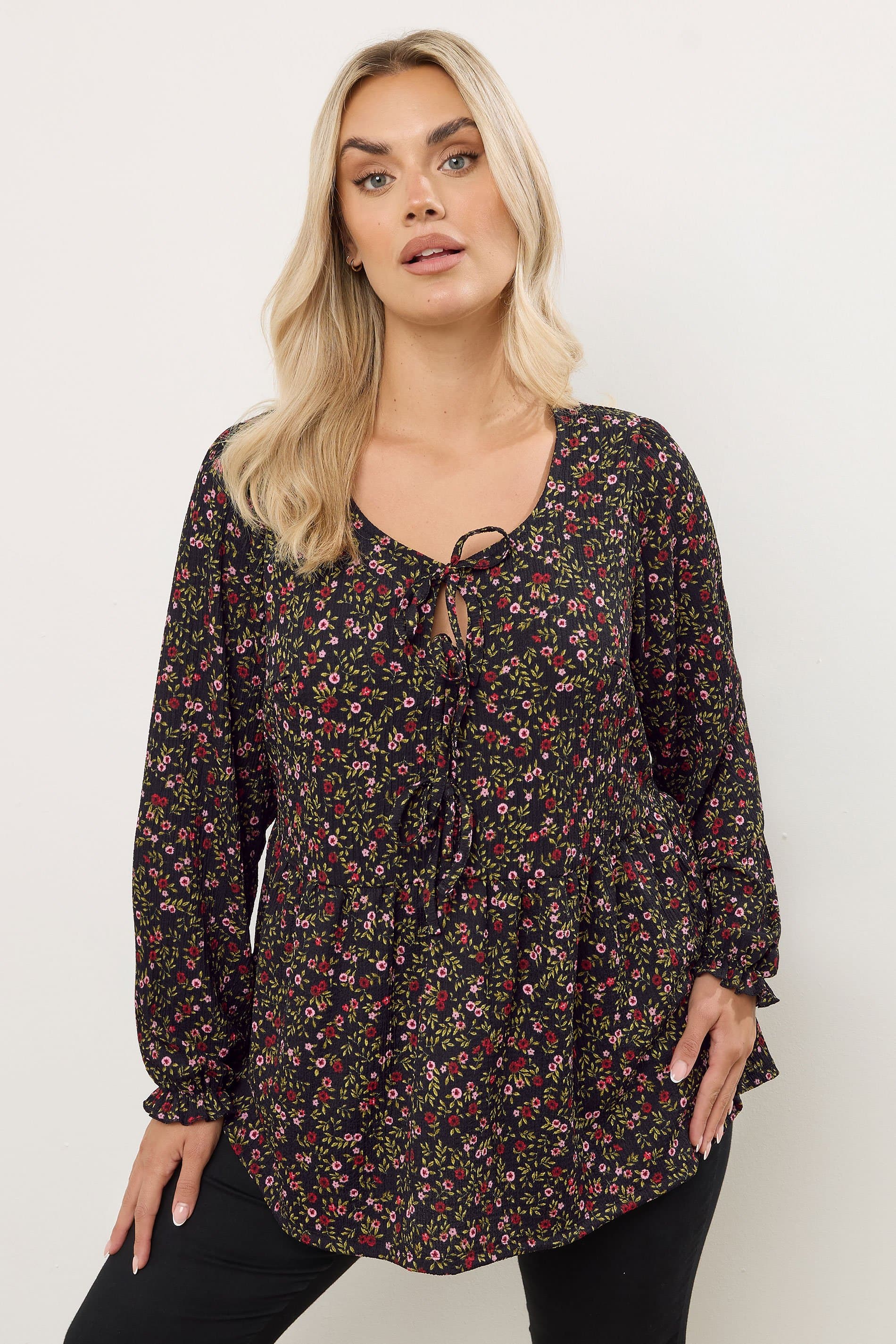 Yours Plus Size Black Floral Bow Tie Front Peplum Top