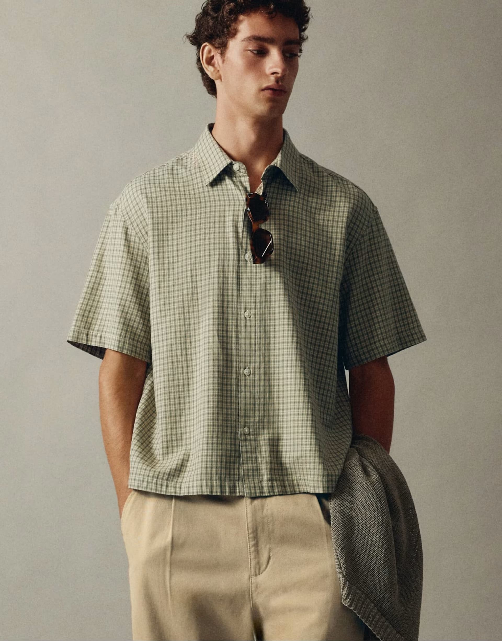 ASOS Pull&Bear Short sleeve check shirt in green/ecru