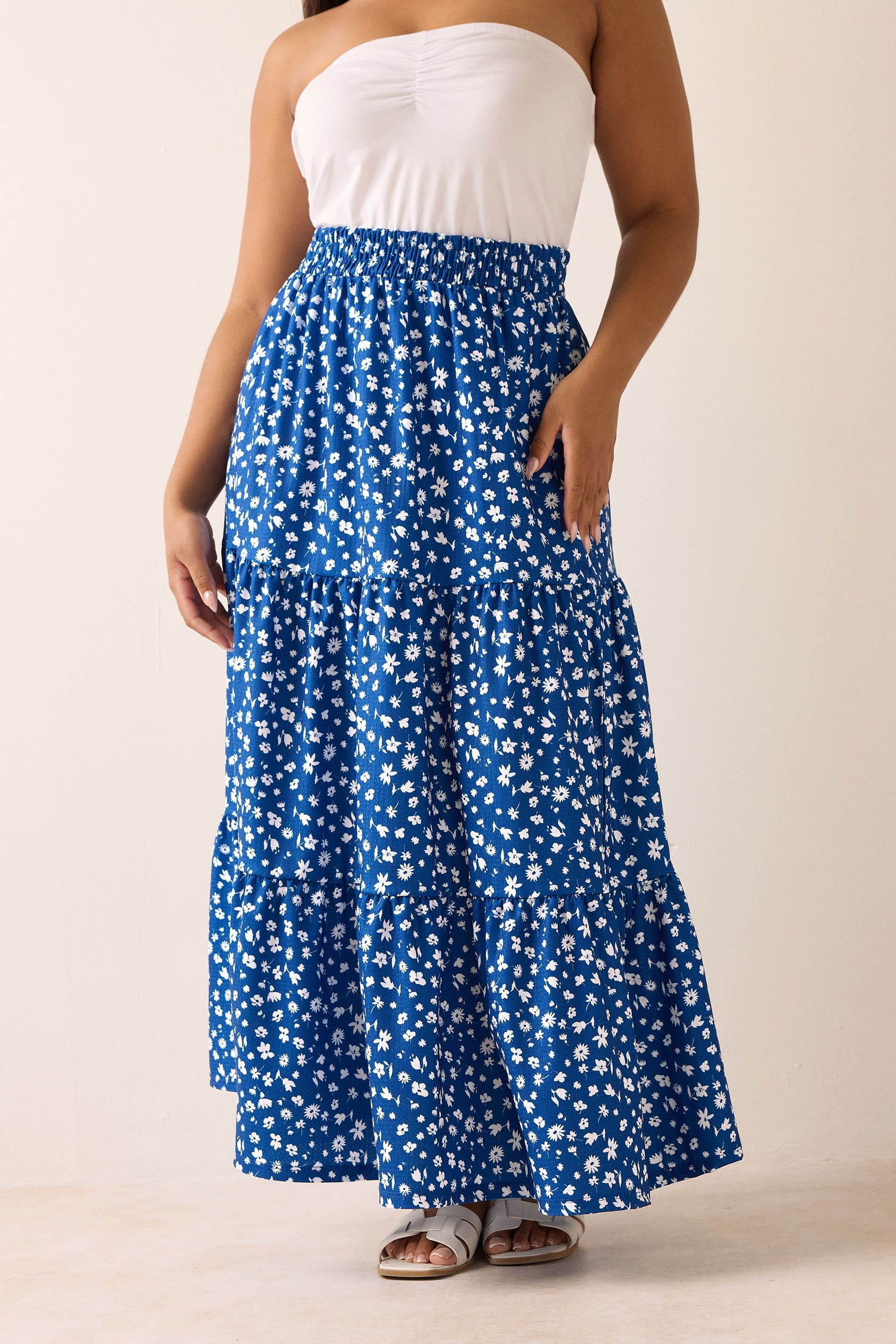 Yours Plus Size Blue Floral Print Tiered Maxi Skirt