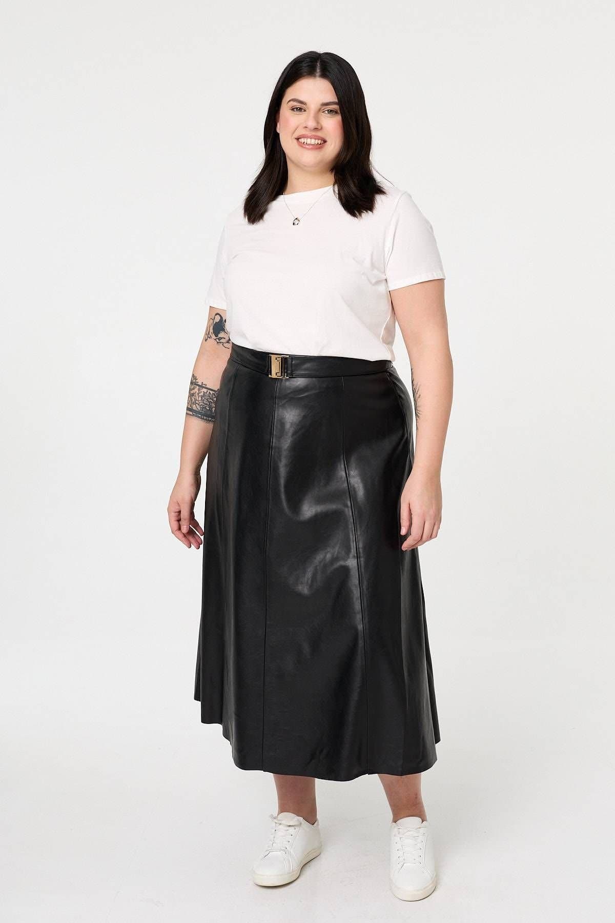 Izabel Curve Izabel Curve Black Faux Leather Belted Midi Skirt