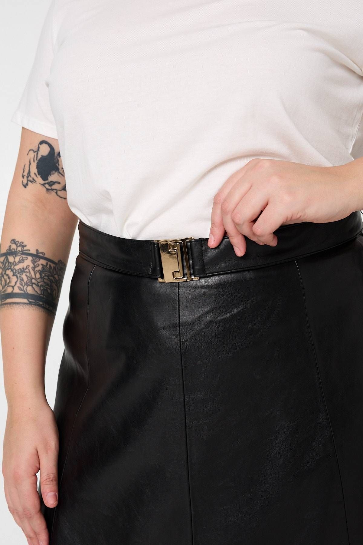 Izabel Curve Izabel Curve Women's Curve Faux Leather Belted Midi Skirt in Black - 2