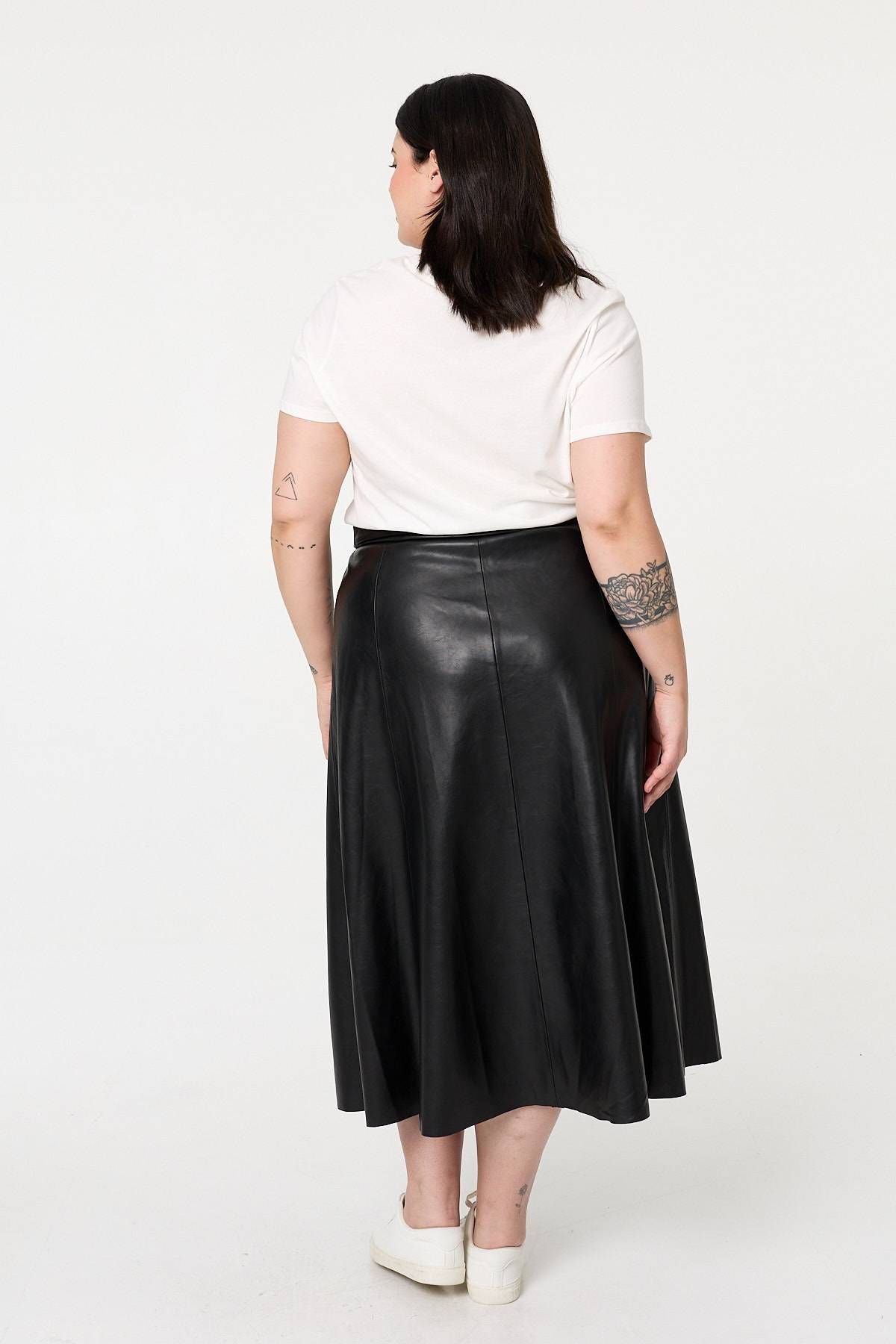 Izabel Curve Izabel Curve Women's Curve Faux Leather Belted Midi Skirt in Black - 3