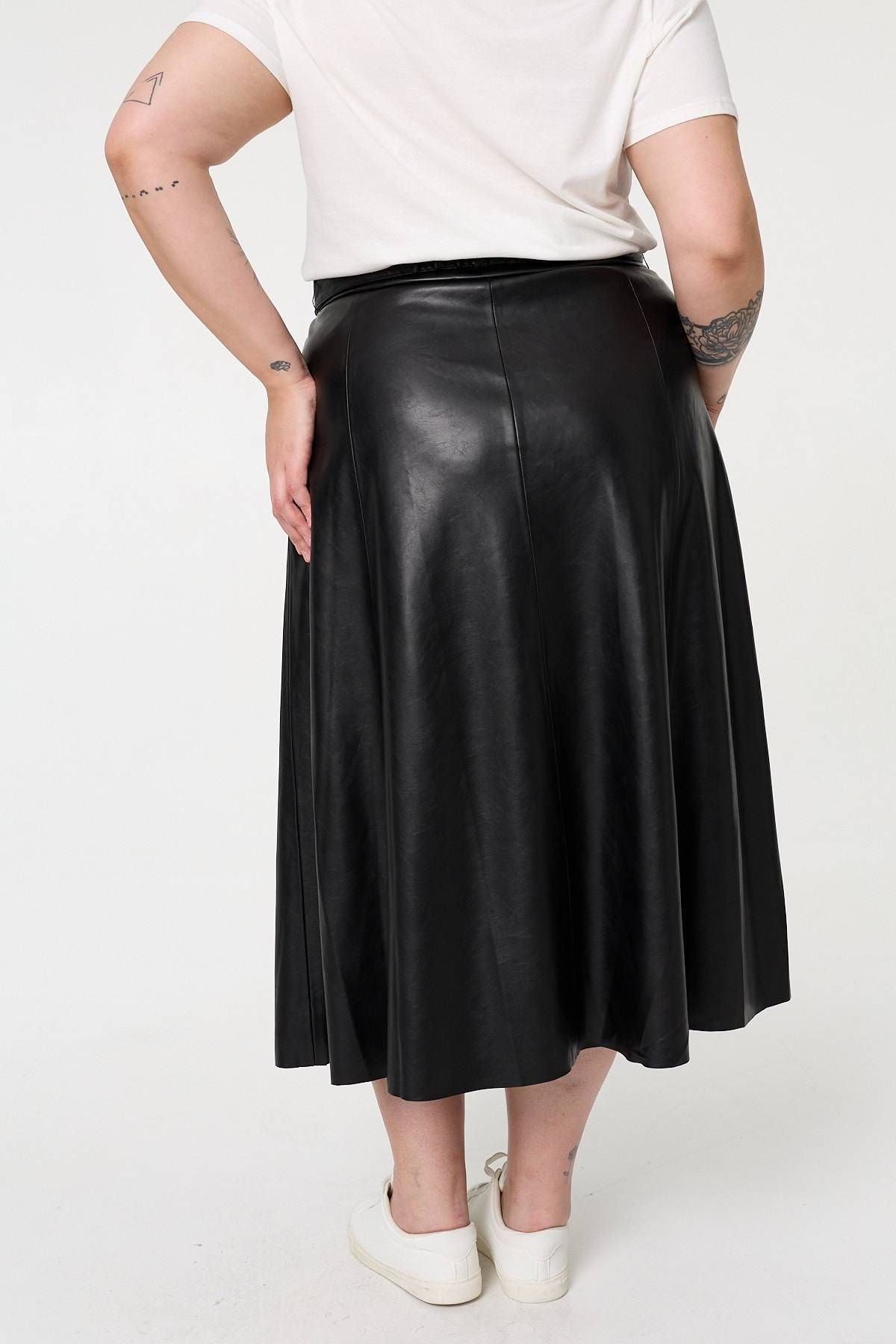 Izabel Curve Izabel Curve Women's Curve Faux Leather Belted Midi Skirt in Black - 4