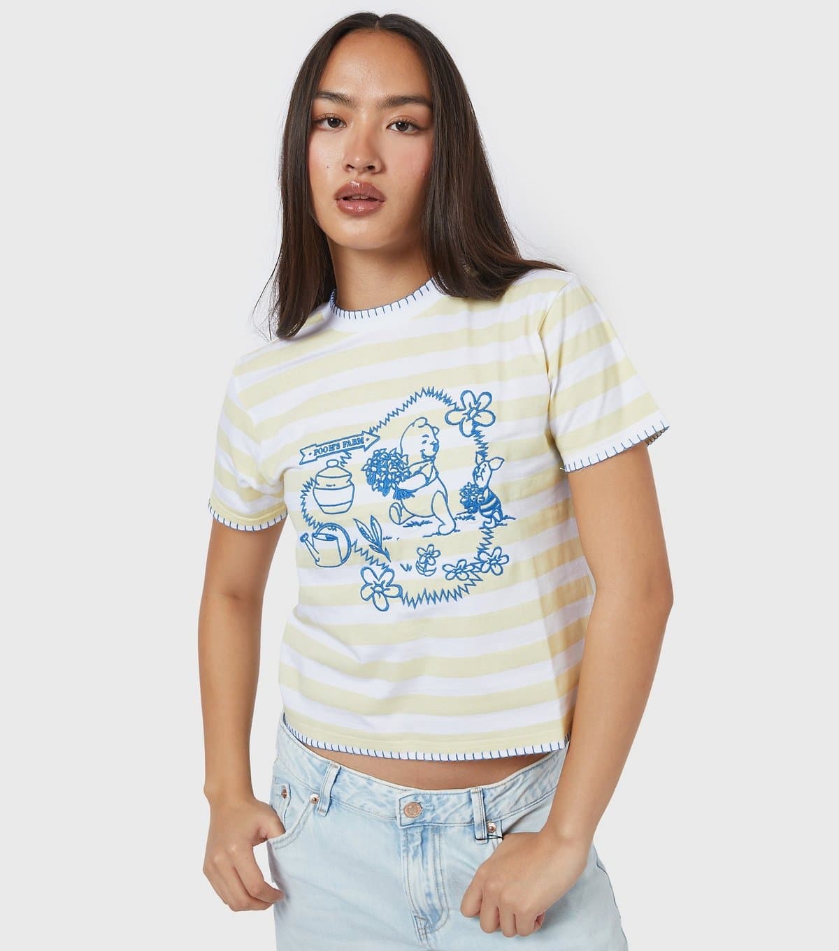 Skinnydip Women's Bright Yellow Disney Winnie the Pooh Stripe Baby Tee T-Shirt Skinnydip New Look