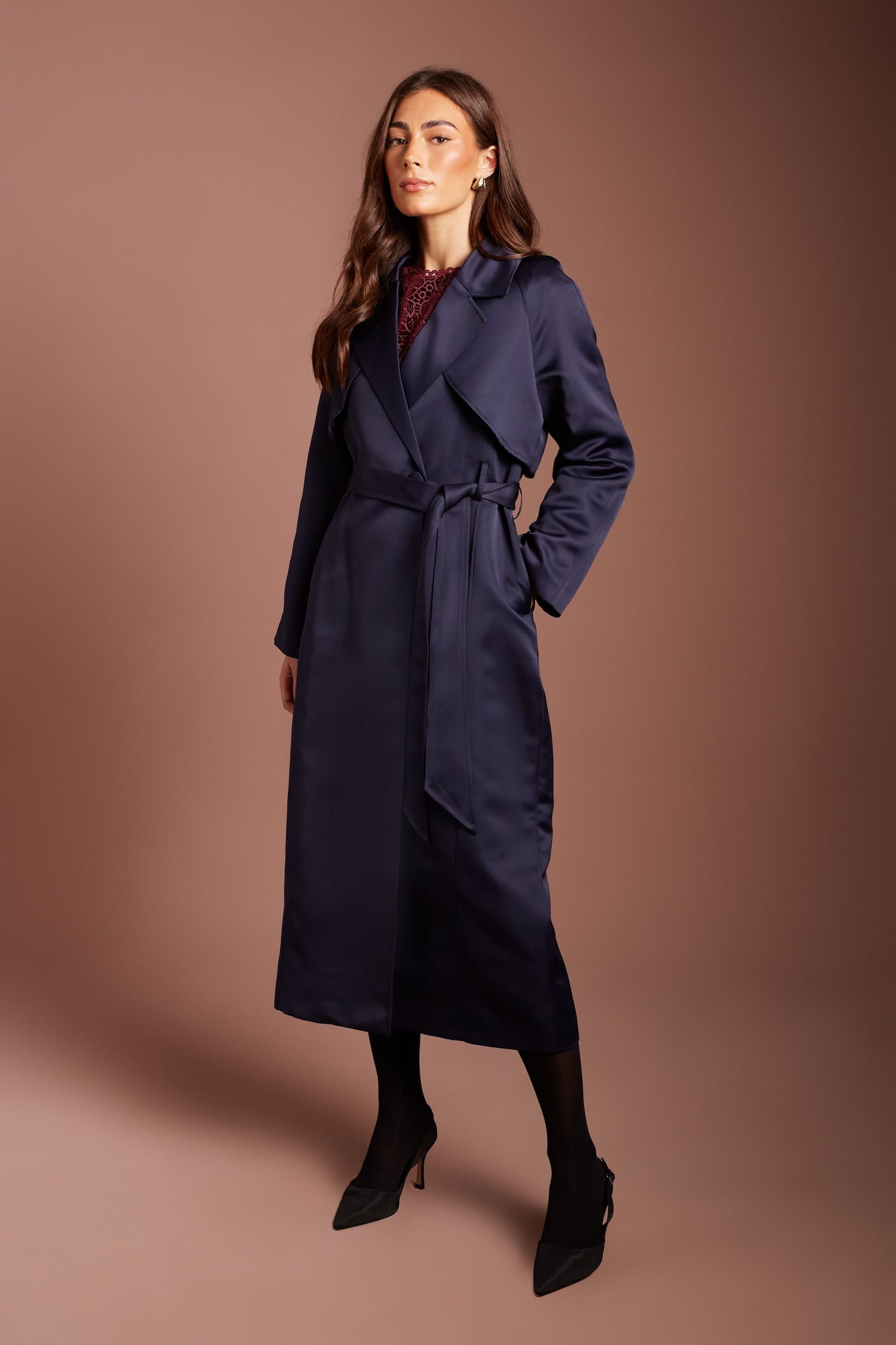 Coast Coast Women's Navy Satin Occasion Belted Trench Coat
