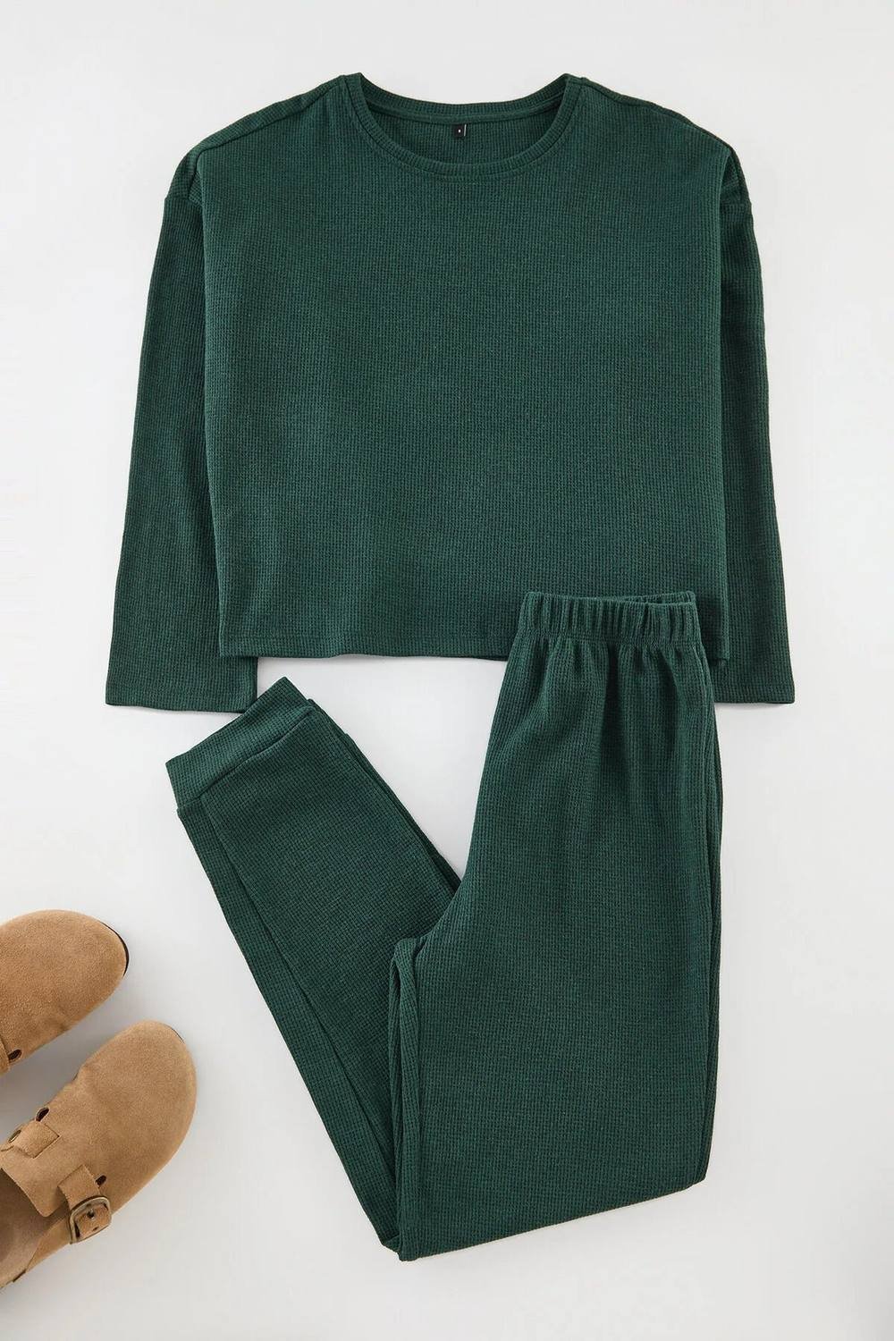 WOVCOR WOVCOR Women's 2-Piece Waffle Knit Pajama Set in Dark Green - 2