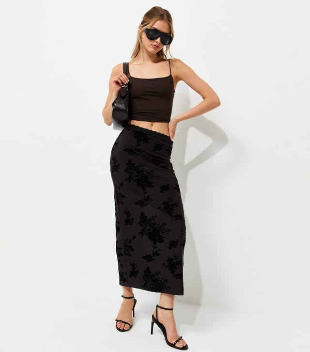 New Look Women's Black Floral Flock Lace Mesh Midi Skirt New Look - 2