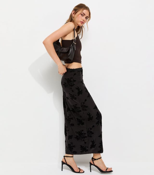 New Look Women's Black Floral Flock Lace Mesh Midi Skirt New Look - 3