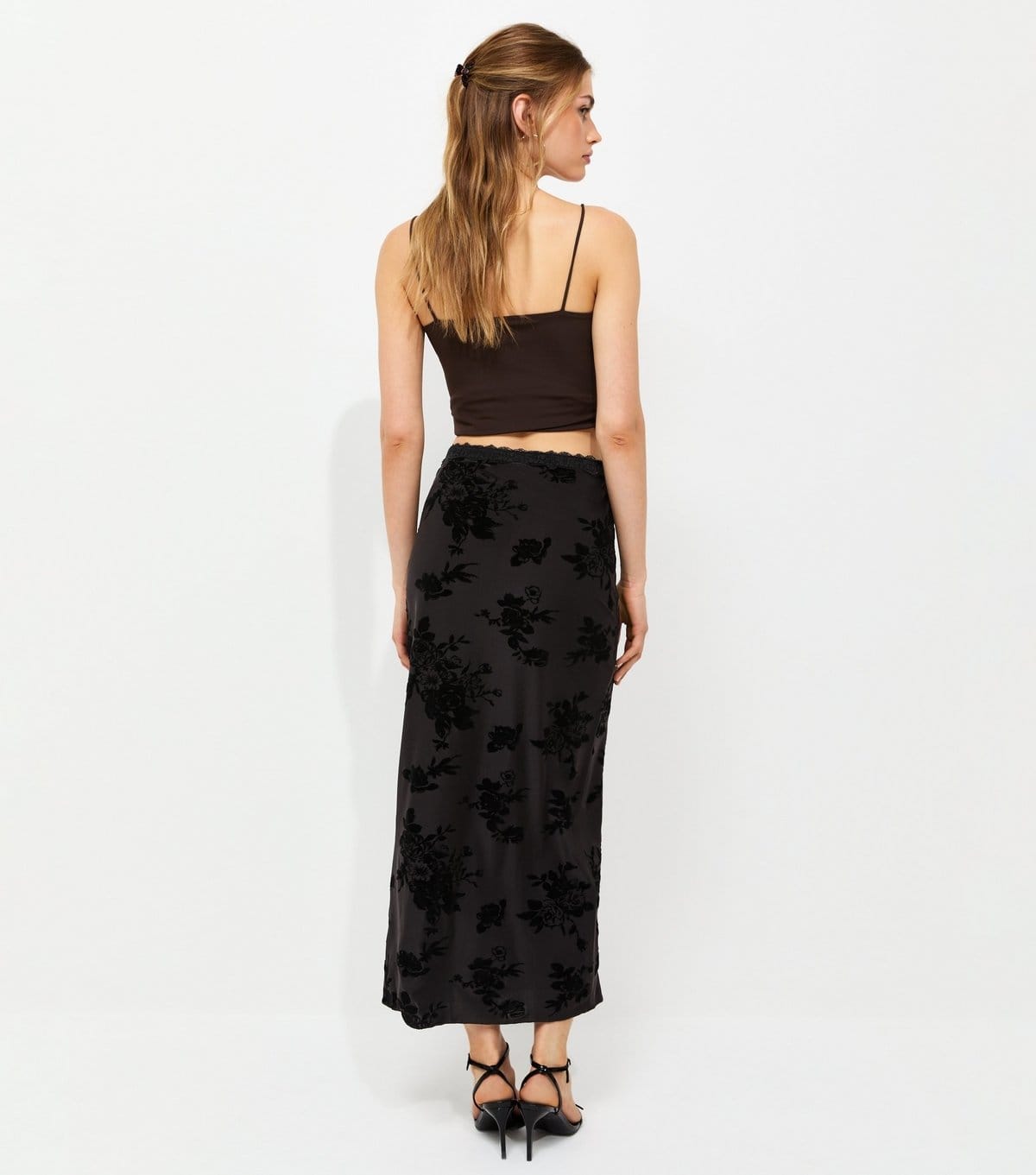 New Look Women's Black Floral Flock Lace Mesh Midi Skirt New Look - 4