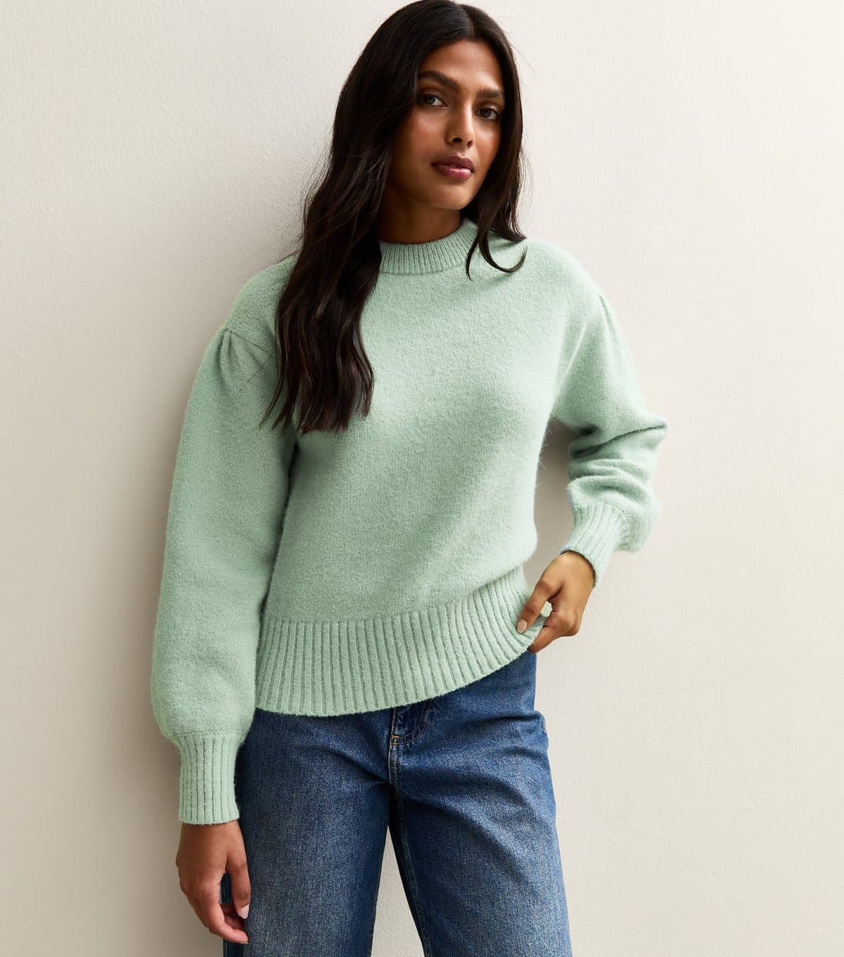 New Look Women's Mint Green Puff Sleeve Crew Neck Jumper New Look