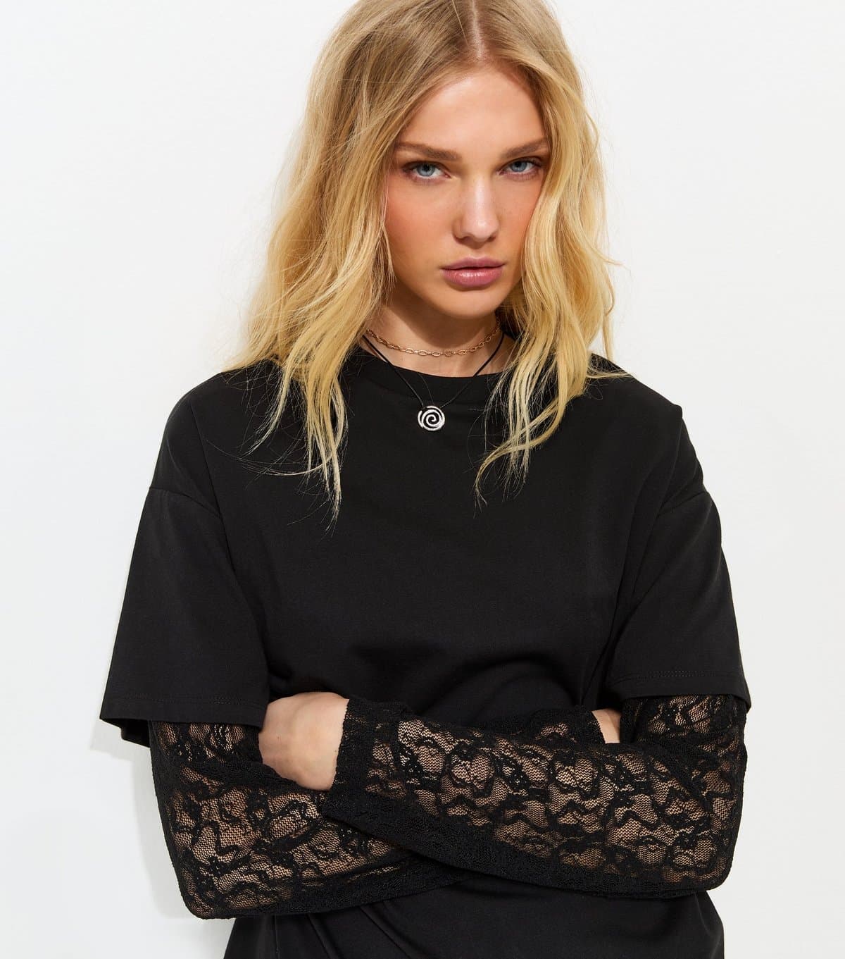 New Look Women's Black 2-In-1 Lace Long Sleeve Top New Look