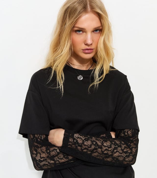 New Look Women's Black 2-In-1 Lace Long Sleeve Top New Look - 2