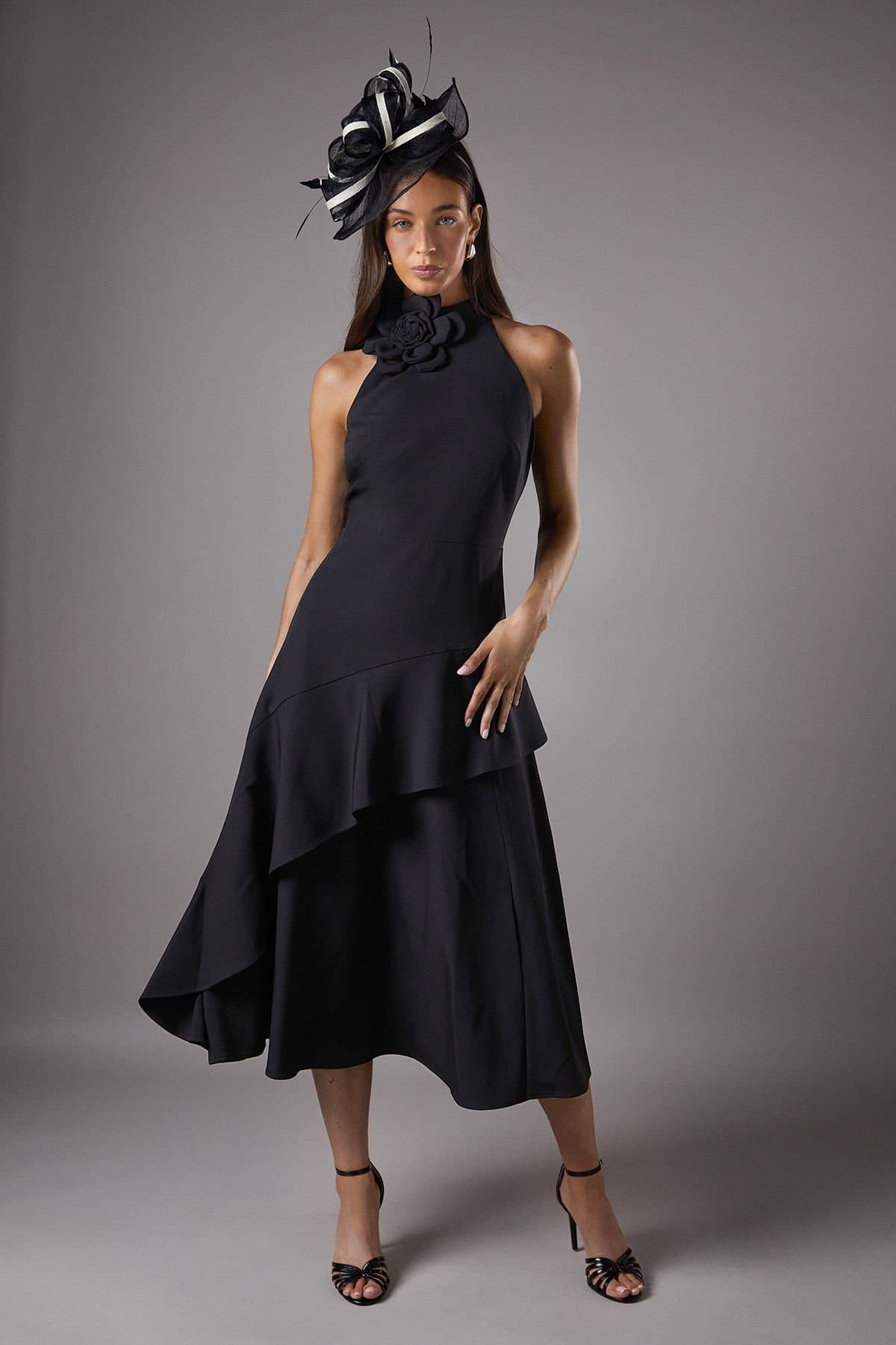 Coast Coast Women's High Neck Corsage Detail Midi Dress in Black