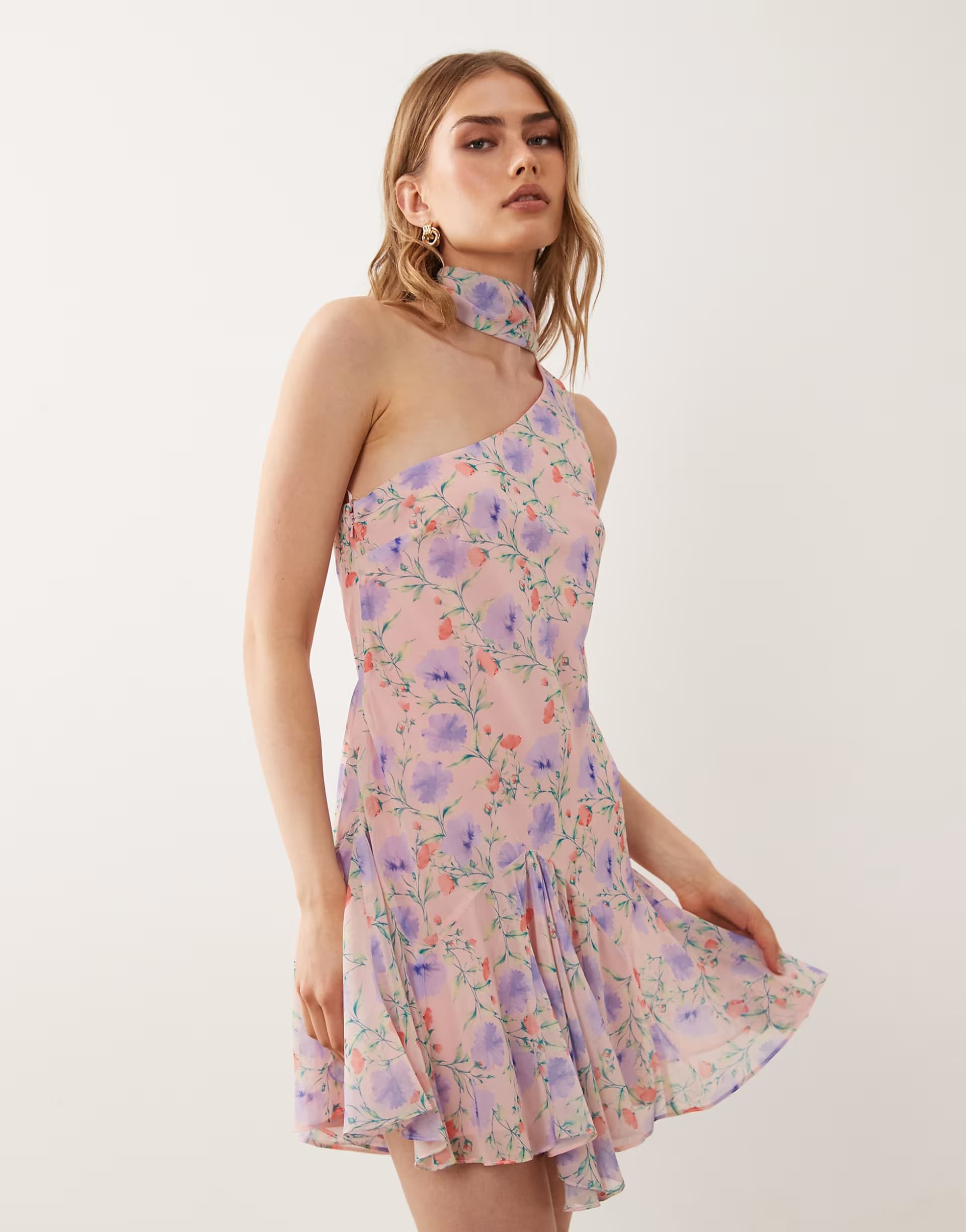 ASOS ASOS DESIGN on shoulder mini dress with scarf in multi floral print