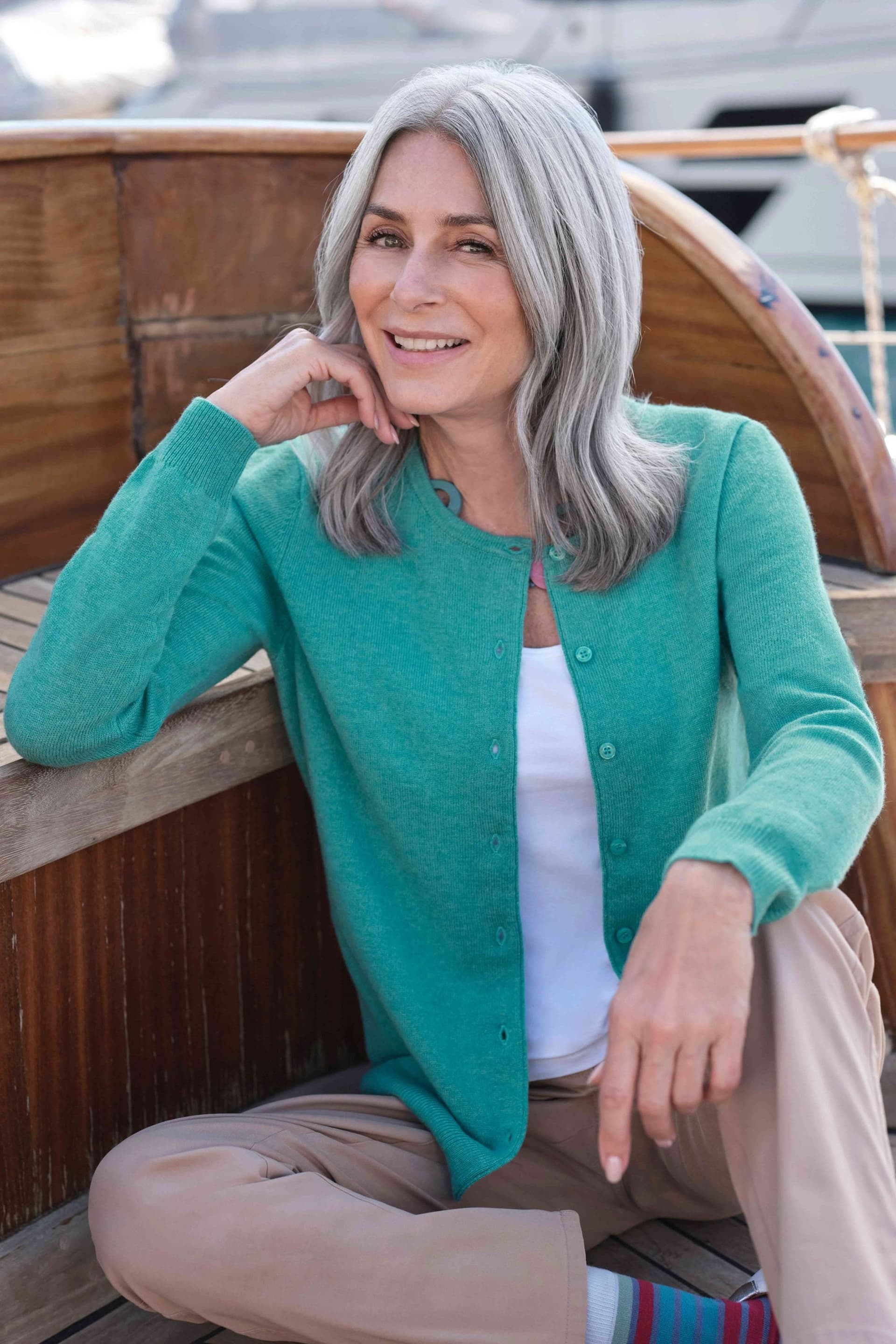 WoolOvers WoolOvers Women's Cashmere Merino Crew Neck Cardigan in Turquoise