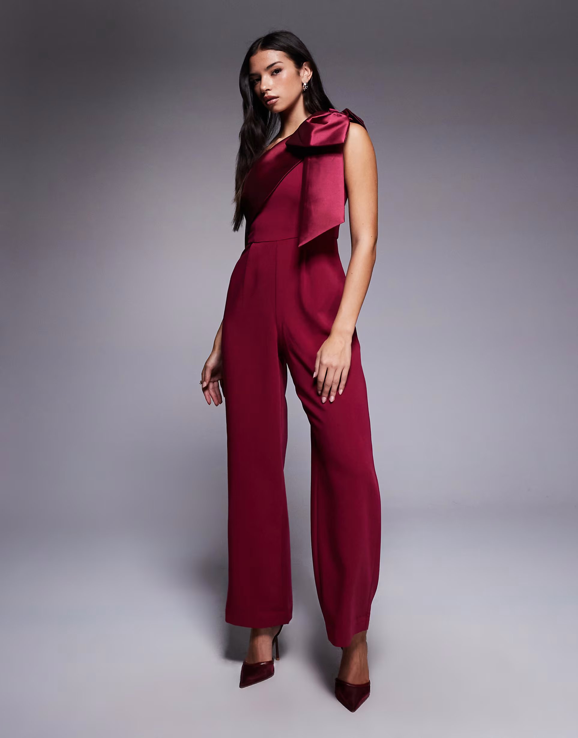 ASOS Forever New one shoulder bow jumpsuit in plum - 1