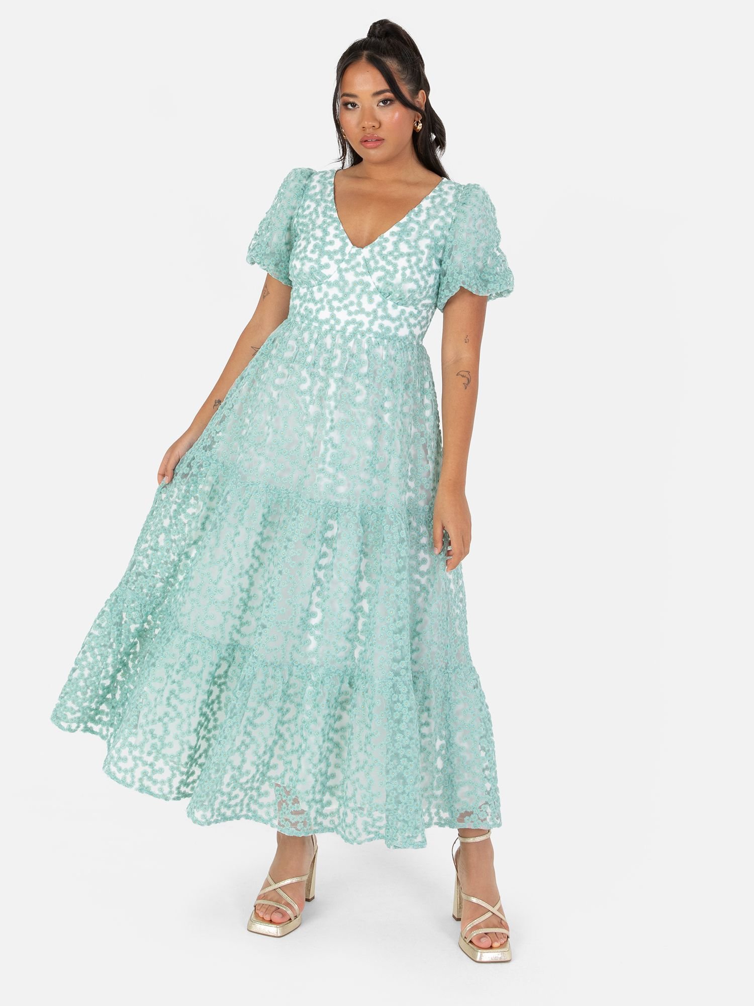 Maya Deluxe Maya Deluxe Women's Embroidered Open Back Midi Dress in Green - 2