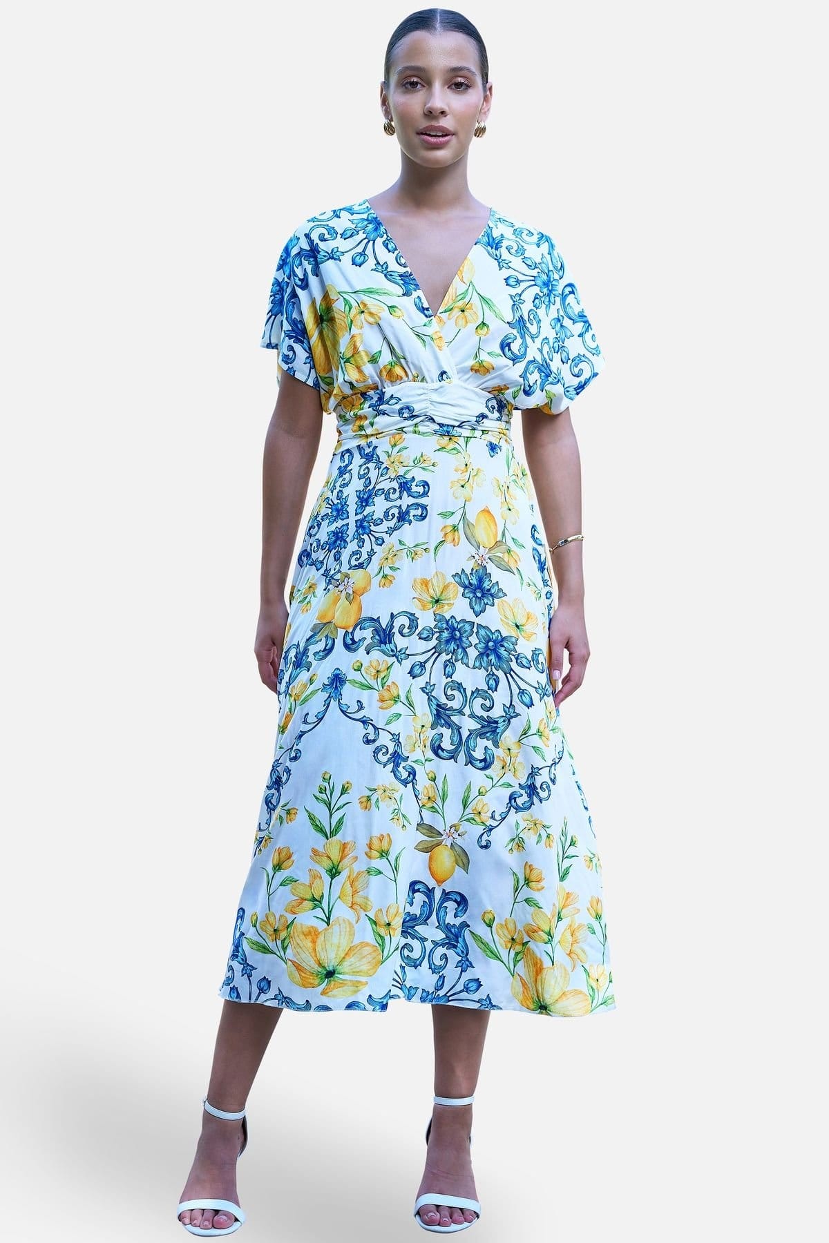 Yumi White Lemon Print Viscose Midi Dress