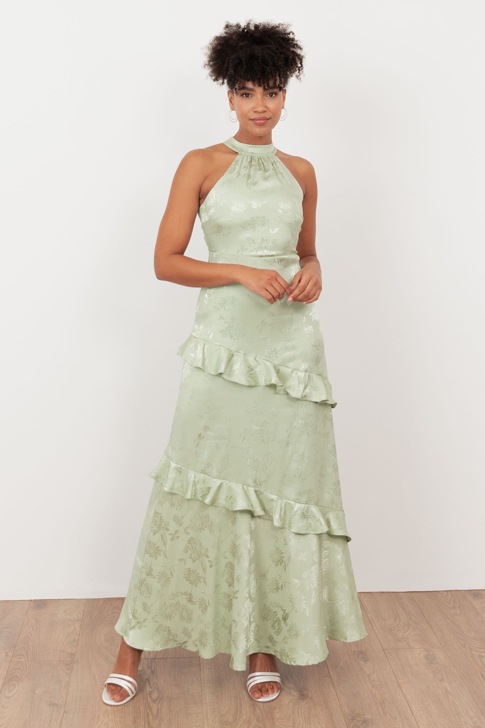 Maya Deluxe Maya Deluxe Women's Floral Jacquard Satin Halter Neck Maxi Dress in Light Green