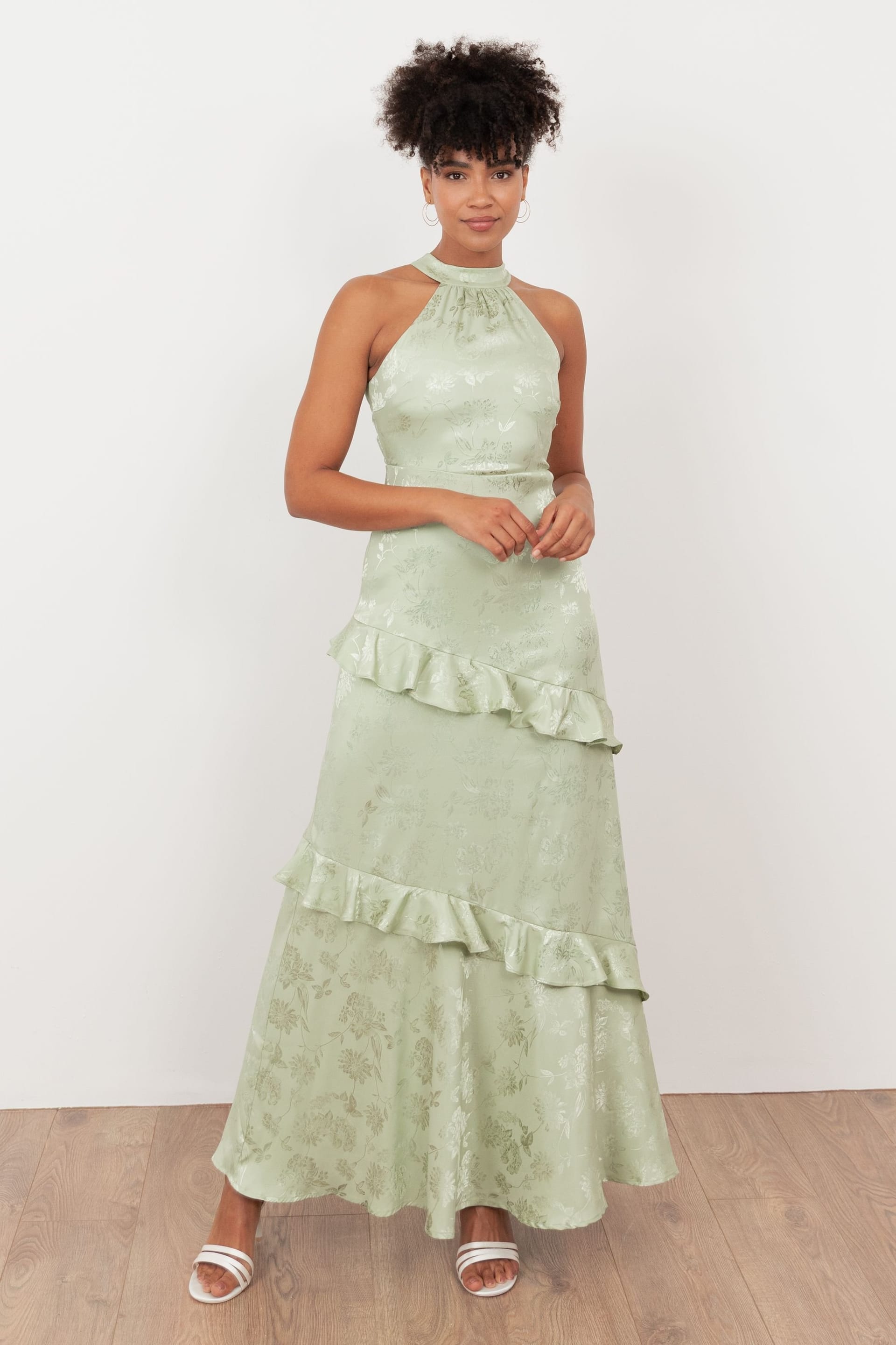 Maya Deluxe Light Green Floral Jacquard Satin Halter Neck Maxi