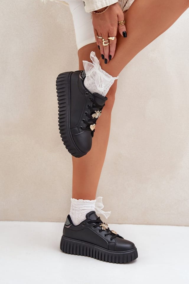 Love Lace Love Lace Women's Platform Sneakers Ecological with Cute Pins for Comfort in Black - 3