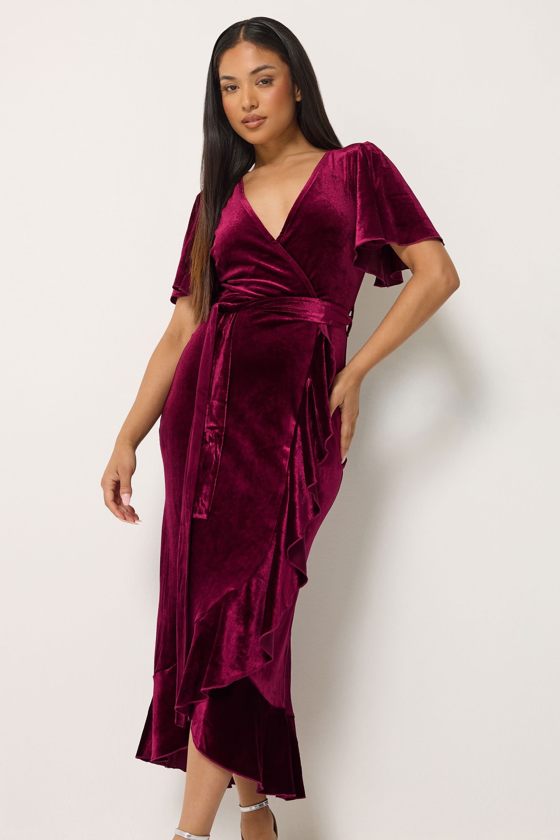 M&Co M&Co Petite Dark Red Velvet Wrap Maxi Dress