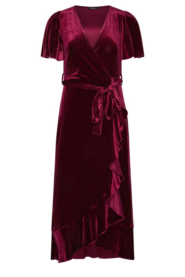 M&Co M&Co Women's Petite Velvet Ruffle Wrap Dress in Dark Red - 2