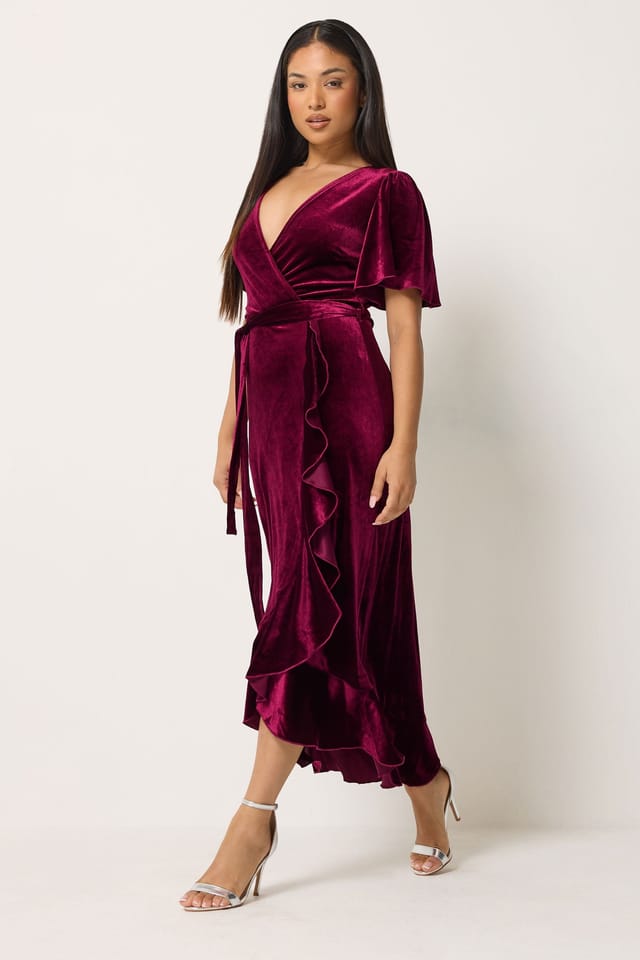 M&Co M&Co Women's Petite Velvet Ruffle Wrap Dress in Dark Red - 3