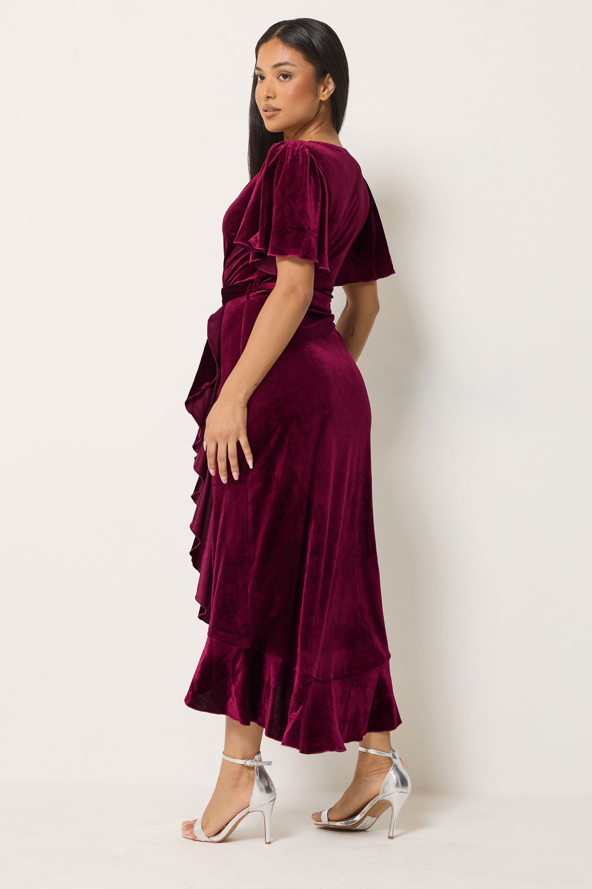 M&Co M&Co Women's Petite Velvet Ruffle Wrap Dress in Dark Red - 4