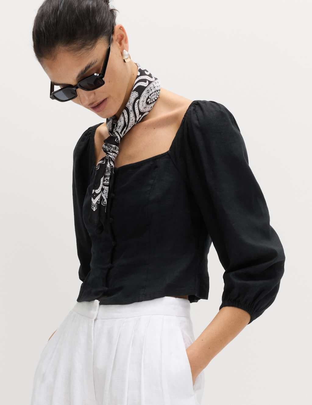 Marks & Spencer M&S Puff Sleeve Linen Top in Black
