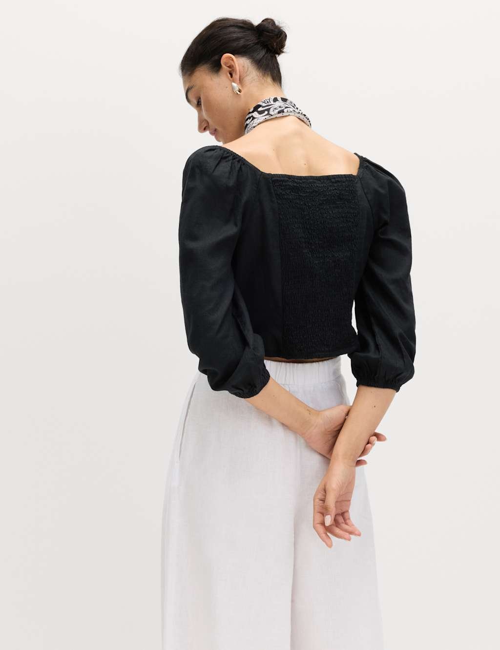 Marks & Spencer M&S Linen Rich Puff Sleeve Top Black - 2