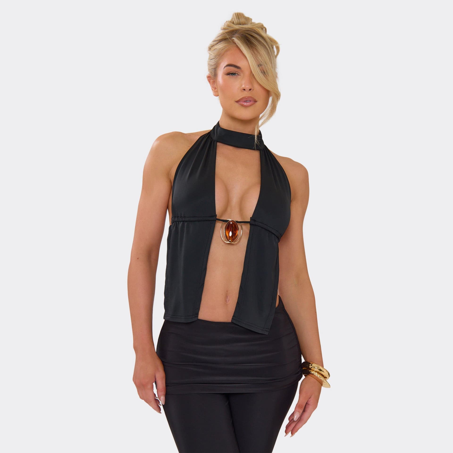 EGO EGO Black Woven Sleeveless Plunge Front Trim Detail Top